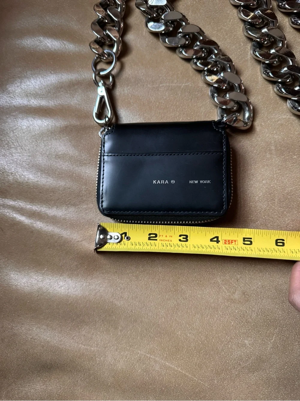 Kara New York Bike Wallet Black Leather Chunky Silver curb Chain Crossbody Bag - Picture 10 of 16